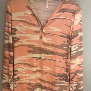 Peach Camouflage V-Neck Button Down Shirt